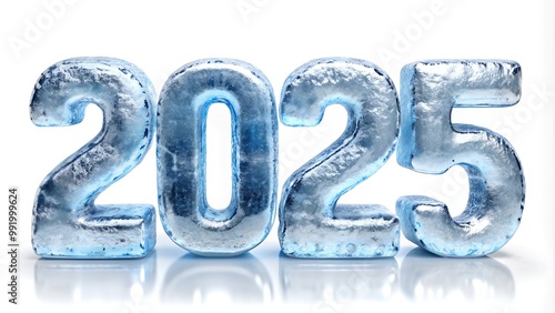 Ice numbers 2025 represent new year and fresh start. Withe background, reflections, blue tones, refreshing vibe, capturing the essence of winter and celebration with clean and shiny appearance.