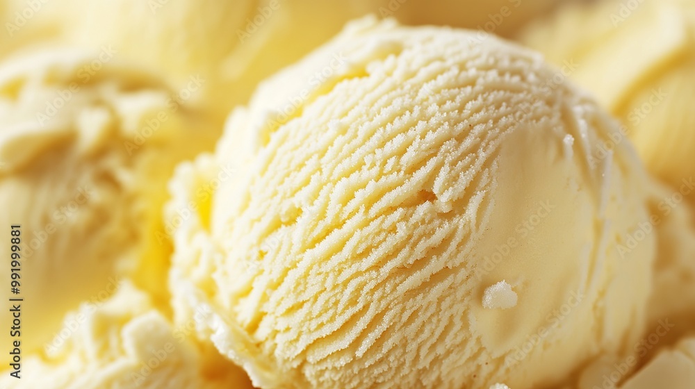 A close-up of a scoop of vanilla or lemon-flavored frozen dessert. A close-up of a scoop of vanilla or lemon-flavored frozen dessert.