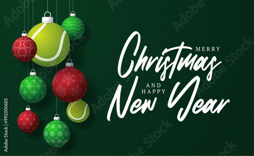 tennis Christmas Greeting card. Merry Christmas and happy new year sport greeting card. Hang on a thread green and red xmas ball bauble