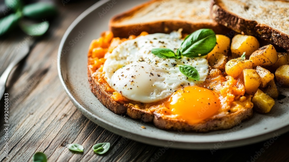 Scram eggs on meat w/ potat & toast Scram eggs on meat w/ potat & toast