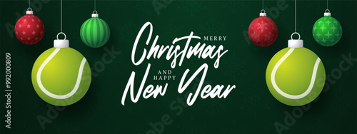 tennis Christmas Greeting card. Merry Christmas and happy new year sport greeting card. Hang on a thread green and red xmas ball bauble