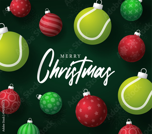 tennis Christmas Greeting card. Merry Christmas and happy new year sport greeting card. Hang on a thread green and red xmas ball bauble