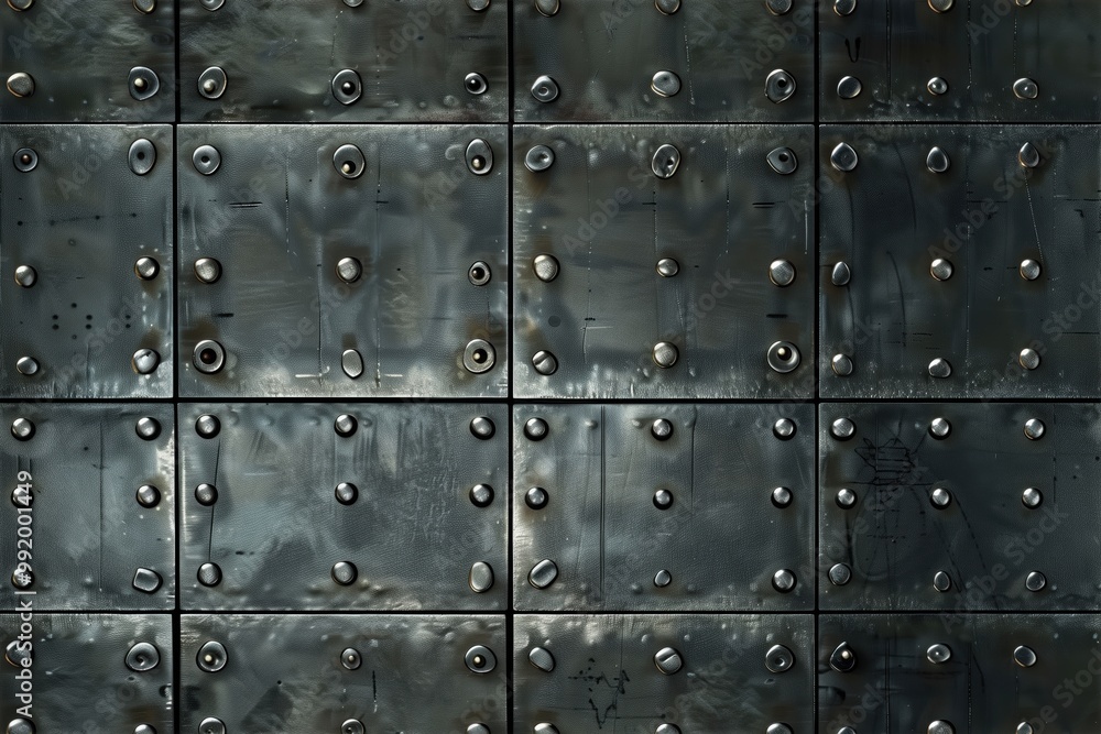 A seamless textured metal armor wall featuring a grid pattern with rivets and bolts. The surface has a dark, industrial finish with reflections and scratches, giving it a rugged appearance. A seamless textured metal armor wall featuring a grid pattern with rivets and bolts. The surface has a dark, industrial finish with reflections and scratches, giving it a rugged appearance.