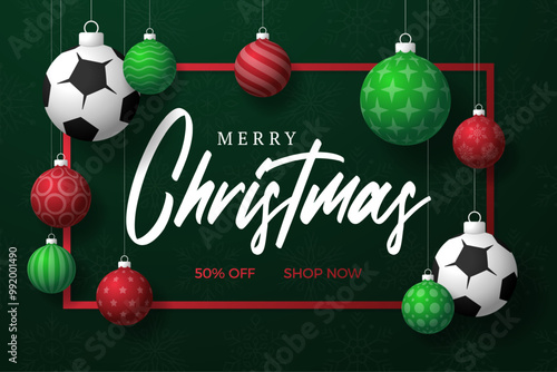 soccer Christmas Greeting card. Merry Christmas and happy new year sport greeting card. Hang on a thread green and red xmas ball bauble