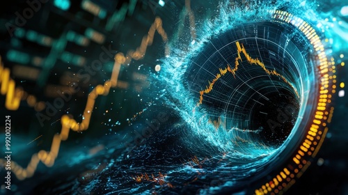 Chaos on the Charts: Storm Surge Impacting Stock Market Graph in Abstract Doodle Style with Copy Space for Text