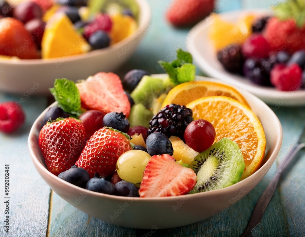 Classic fruit salads with depth of field featuring a mix of fresh berries and citrus slices Classic fruit salads with depth of field featuring a mix of fresh berries and citrus slices