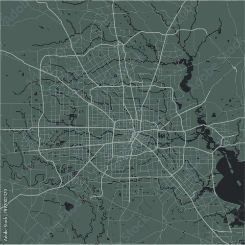 Map of Houston in Texas in a smooth dark style. Contains layered vector with roads water, parks, etc.