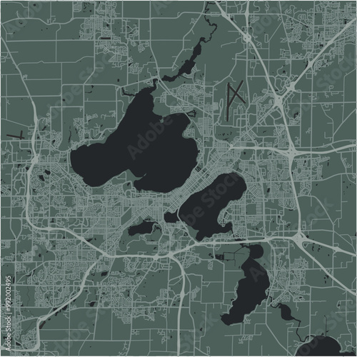 Map of Madison in Wisconsin in a smooth dark style. Contains layered vector with roads water, parks, etc.