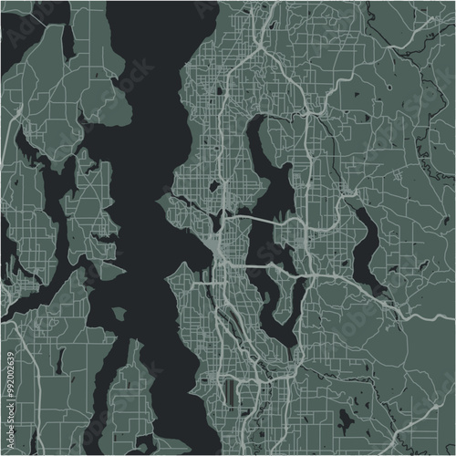 Map of Seattle in Washington in a smooth dark style. Contains layered vector with roads water, parks, etc.