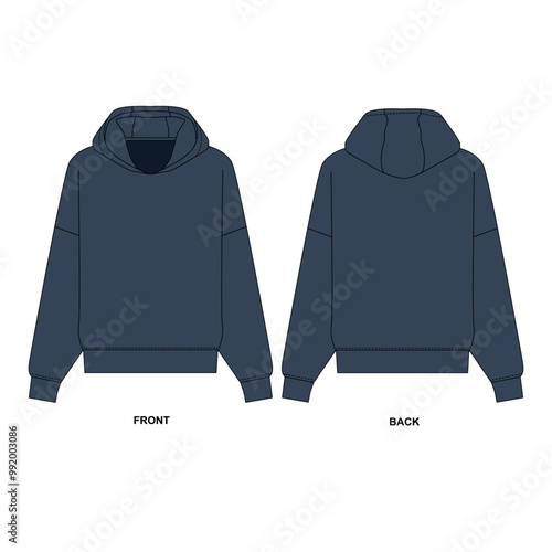 Vector illustration of blue color hoodie, front and back view. Sketch hoodie on white background. Drawing of hooded sweatshirt, vector.