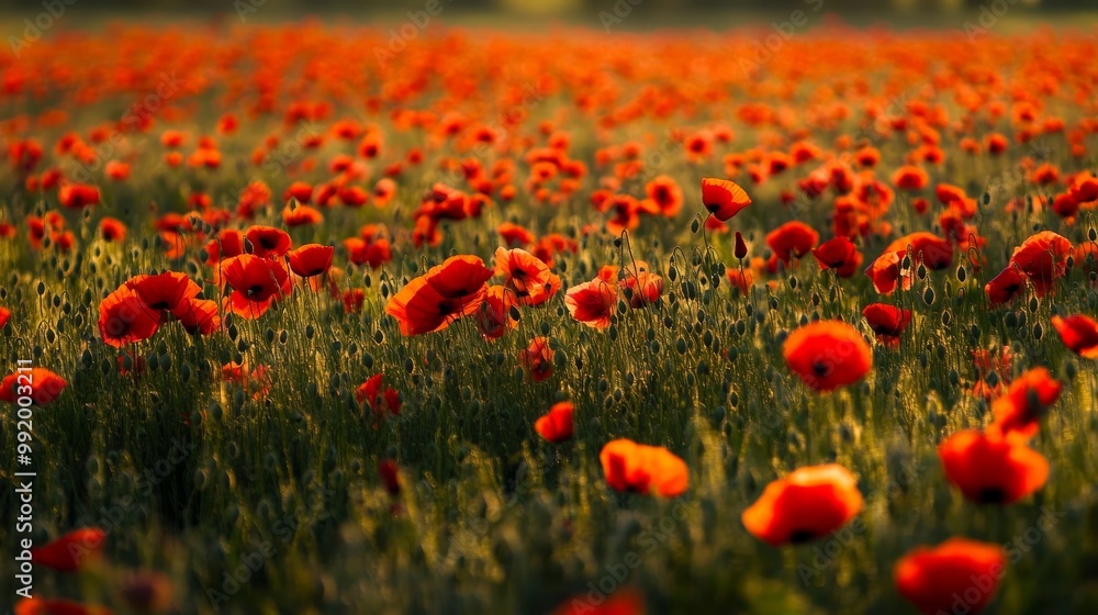 Fototapeta premium Crimson poppy field blankets landscape in early summer.