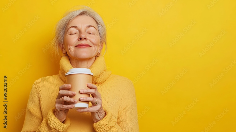 Satisfied elderly woman takes a coffee break. Satisfied elderly woman takes a coffee break.