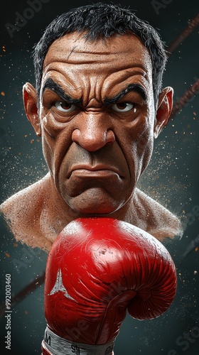 Intense boxer preparing for a match with a fierce expression and red gloves against a dramatic background photo