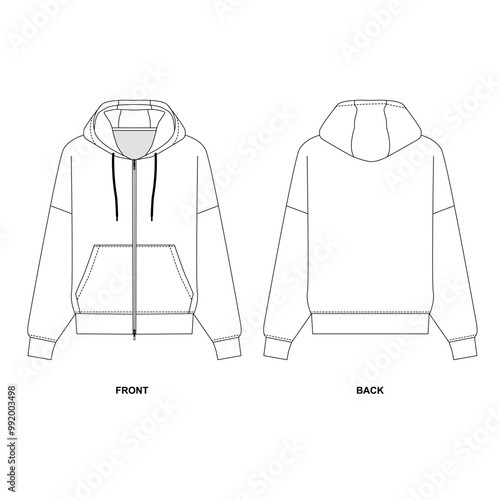Flat sketch of basic hoodie with zipper, front and back view. Fashionable hooded jacket template, vector. Technical drawing of sports sweatshirt with pockets. 