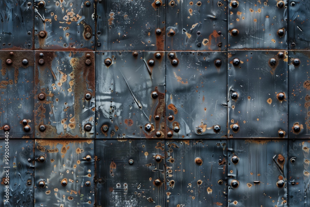 Fototapeta premium Weathered metal door surface featuring rusted steel plates, rivets, and an industrial texture. The surface shows signs of aging with patches of rust and scratches, creating a gritty.