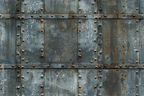 Weathered metal door surface featuring riveted steel plates. The surface shows signs of rust, scratches, and wear, giving it an industrial and vintage look. 