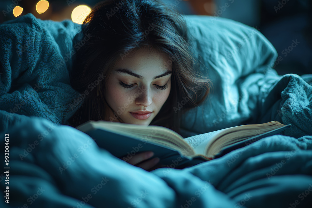 A person in bed reading a relaxing book before turning off the lights. Concept of unwinding before sleep. A person in bed reading a relaxing book before turning off the lights. Concept of unwinding before sleep.