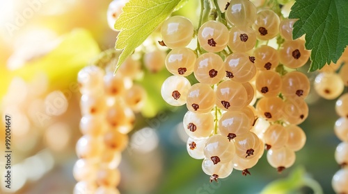 White currant fruits hanging a bush in sharp focus their translucent pearllike appearance shining under soft sunlight while the garden softly blurs behind them Scientific name Ribes rubrum photo