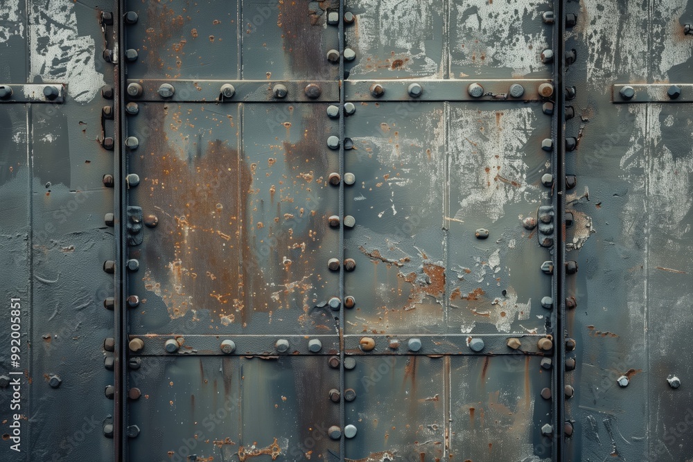Industrial metal door wall featuring rust and weathered paint. The surface is adorned with large rivets and a textured finish, showcasing a mix of gray and brown tones. Industrial metal door wall featuring rust and weathered paint. The surface is adorned with large rivets and a textured finish, showcasing a mix of gray and brown tones.