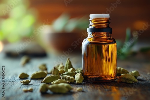 cardamom seeds and essential oil on wooden table, promoting wellness and natural remedies photo