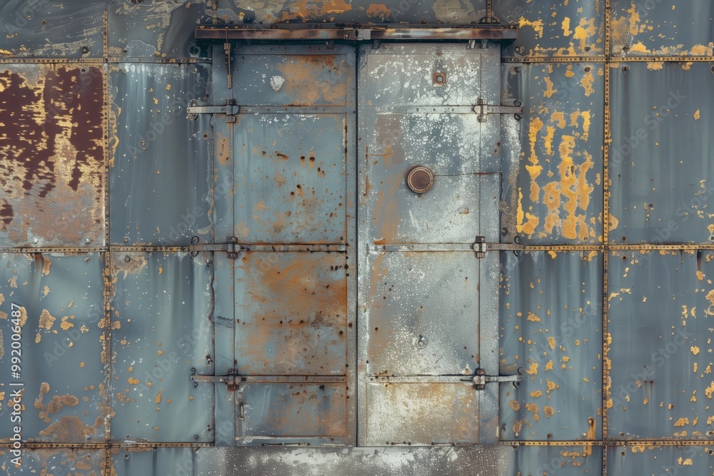 A weathered metal door set against a rusty, textured wall. The door features a round handle and is surrounded by corroded metal panels, showcasing various shades of gray. A weathered metal door set against a rusty, textured wall. The door features a round handle and is surrounded by corroded metal panels, showcasing various shades of gray.