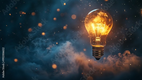 A glowing light bulb rocket takes off into the night sky, leaving smoke and stars in its wake. It represents the power of creativity and the birth of new ideas.