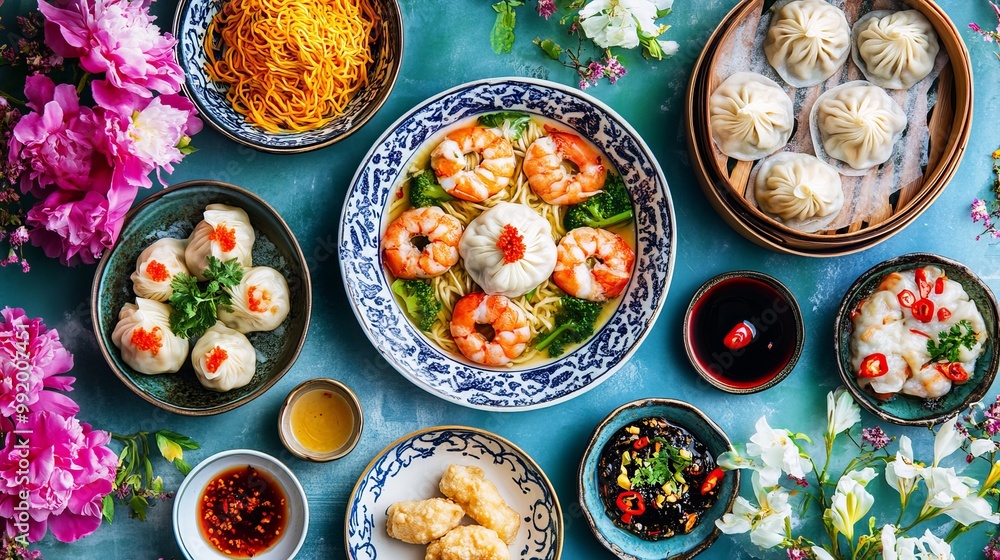 A colorful spread of Chinese dishes is arranged on a blue table adorned with flowers. There are shrimp noodles, steamed dumplings in a patterned bowl, and sauces like soy sauce and chili oil A colorful spread of Chinese dishes is arranged on a blue table adorned with flowers. There are shrimp noodles, steamed dumplings in a patterned bowl, and sauces like soy sauce and chili oil