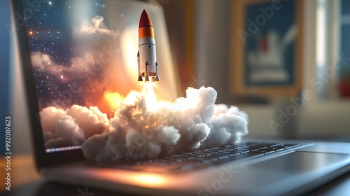 A creative idea takes off like a rocket, boosting your workflow. Imagine a spaceship launching from your laptop, representing the rapid growth and success of your startup. photo