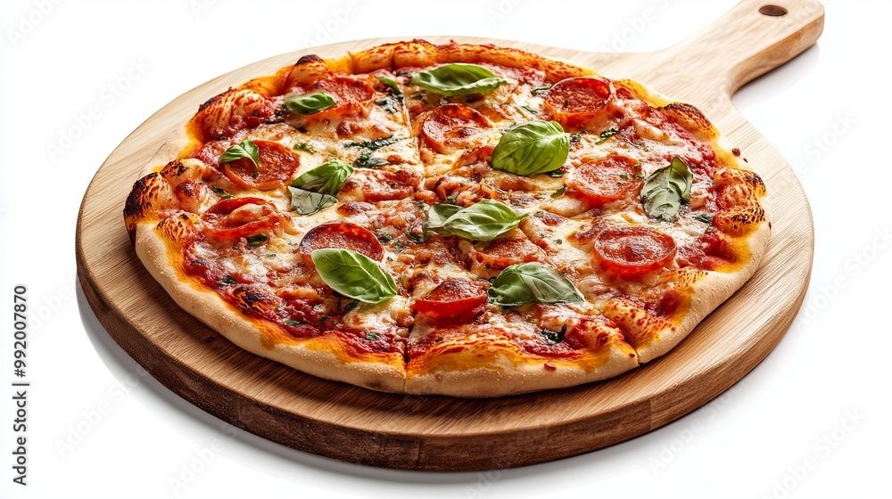A delicious pizza margarita on a wooden serving board, photographed on a white background. A delicious pizza margarita on a wooden serving board, photographed on a white background.