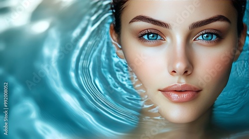 Young woman with water ripples behind her