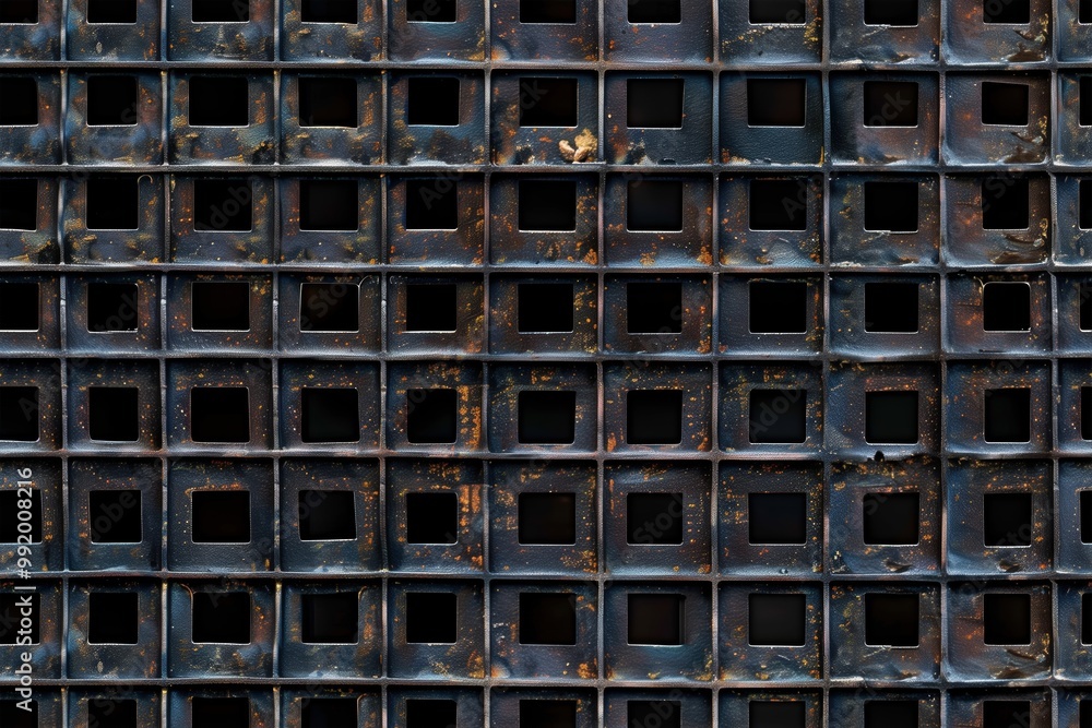 Seamless rusty metal grate grid with square openings. The surface shows signs of wear and corrosion, with a dark blue and black color palette. The grid pattern creates a visually. Seamless rusty metal grate grid with square openings. The surface shows signs of wear and corrosion, with a dark blue and black color palette. The grid pattern creates a visually.