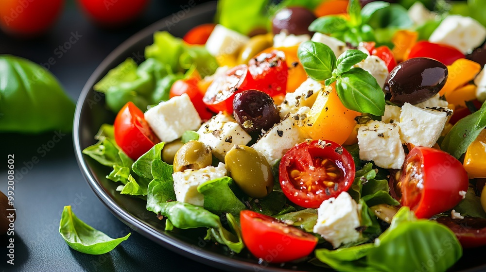 A fresh and healthy salad from the Mediterranean region, filled with yummy feta cheese from Greece, juicy tomatoes, tasty olives, colorful peppers, crisp lettuce, and aromatic basil leaves. A fresh and healthy salad from the Mediterranean region, filled with yummy feta cheese from Greece, juicy tomatoes, tasty olives, colorful peppers, crisp lettuce, and aromatic basil leaves.
