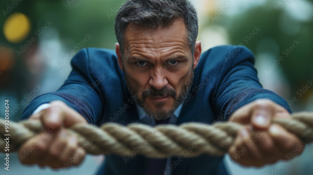 A determined businessman pulling on a rope, symbolizing strength, focus, and the competitive nature of overcoming challenges in the business world. A determined businessman pulling on a rope, symbolizing strength, focus, and the competitive nature of overcoming challenges in the business world.