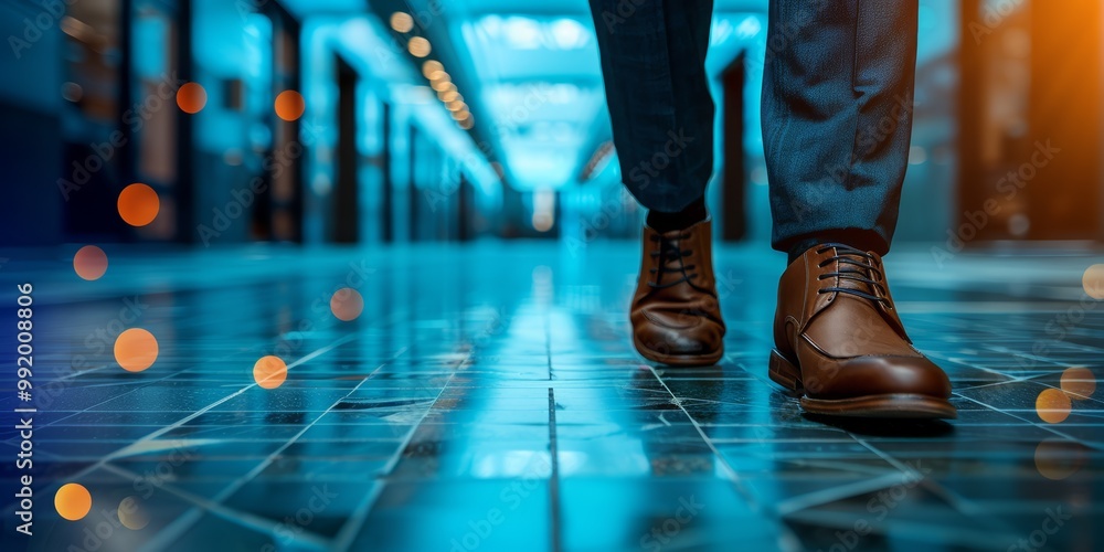 Obraz premium A businessman walking through a modern office building in formal attire, symbolizing confidence, career progression, and a professional work environment.