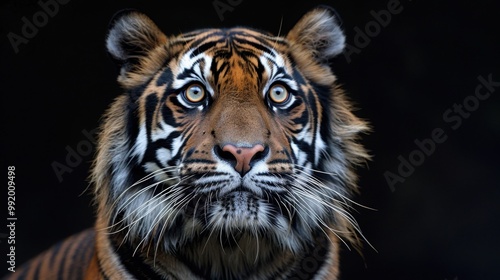 Portrait of a Sumatran tiger on a black isolated background