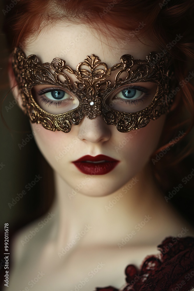 Beautiful redhead woman with blue eyes wearing a golden carnival venetian mask and dark red lipstick is posing Beautiful redhead woman with blue eyes wearing a golden carnival venetian mask and dark red lipstick is posing