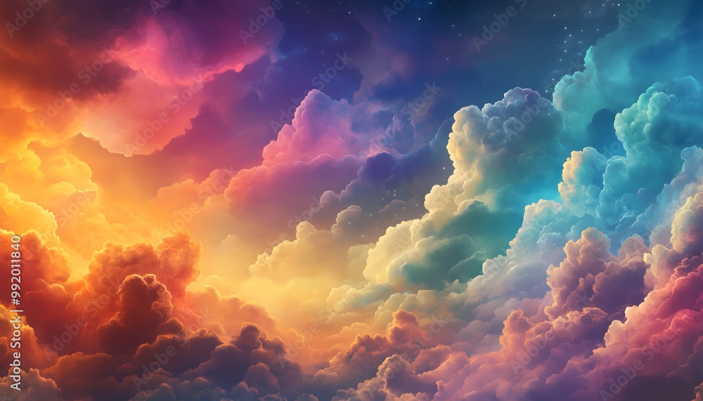 An abstract and vibrant illustration of a sky filled with multicolored clouds An abstract and vibrant illustration of a sky filled with multicolored clouds