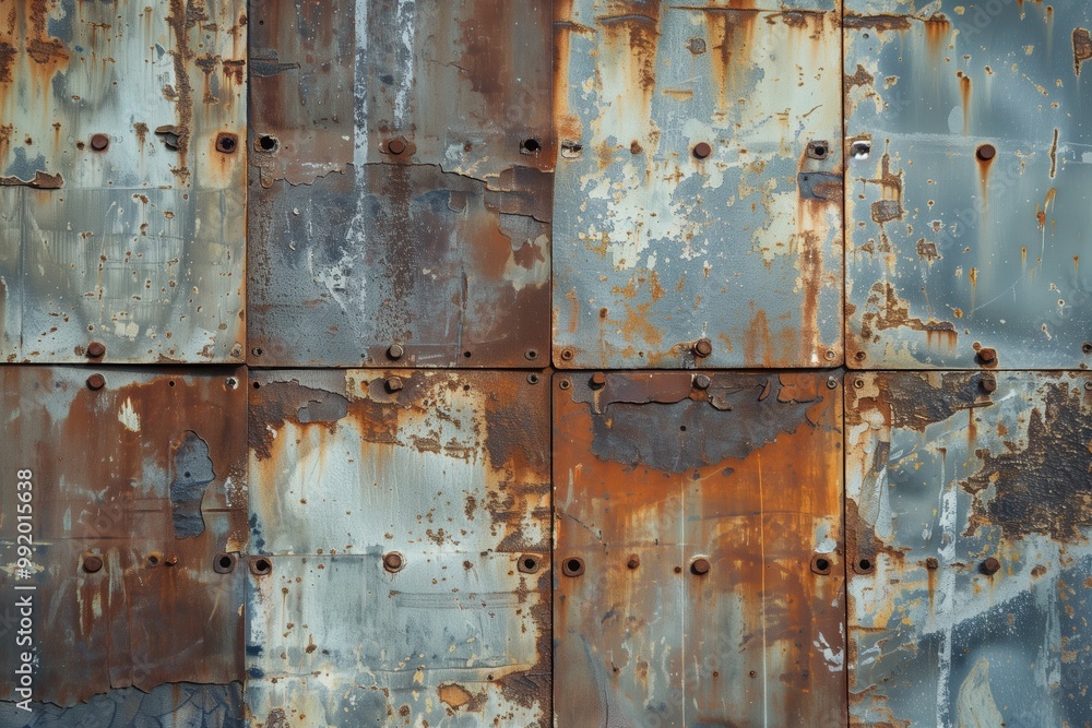Seamless weathered metal wall featuring rusted and peeling paint. The surface is composed of large metal panels with various shades of blue, gray, and orange rust. Seamless weathered metal wall featuring rusted and peeling paint. The surface is composed of large metal panels with various shades of blue, gray, and orange rust.
