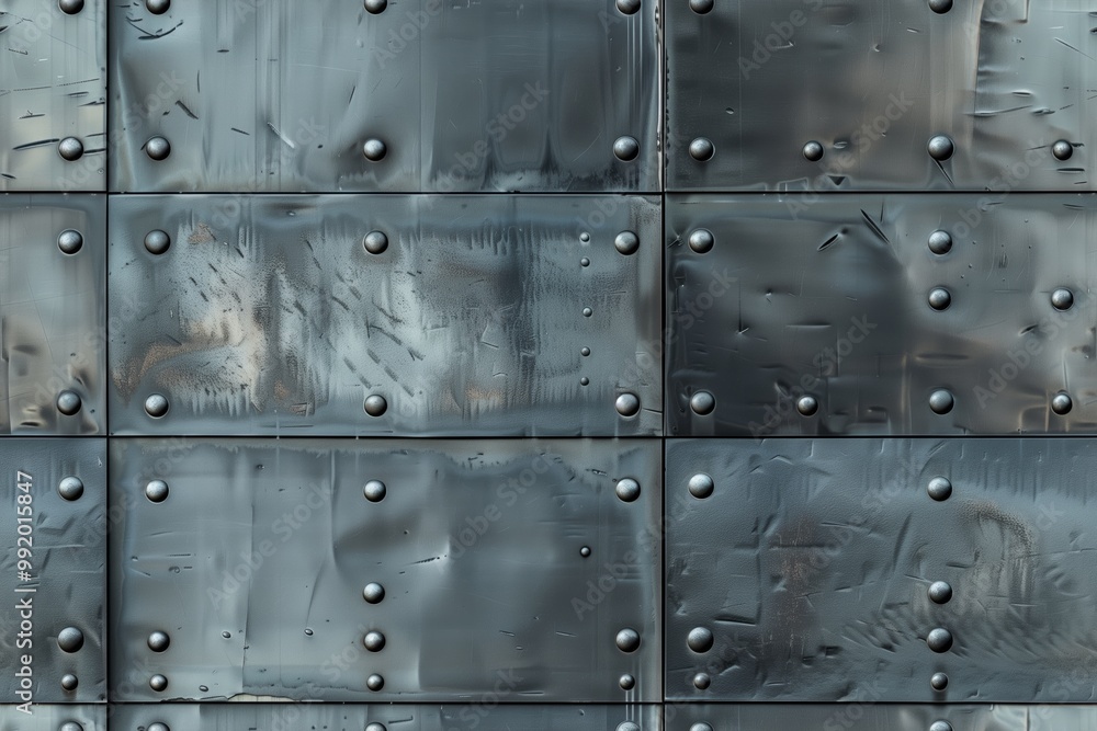 Seamless textured metal wall with rivets, showcasing a weathered and industrial appearance. The surface features scratches and a mix of dark and light metallic tones, creating a rugged aesthetic. Seamless textured metal wall with rivets, showcasing a weathered and industrial appearance. The surface features scratches and a mix of dark and light metallic tones, creating a rugged aesthetic.