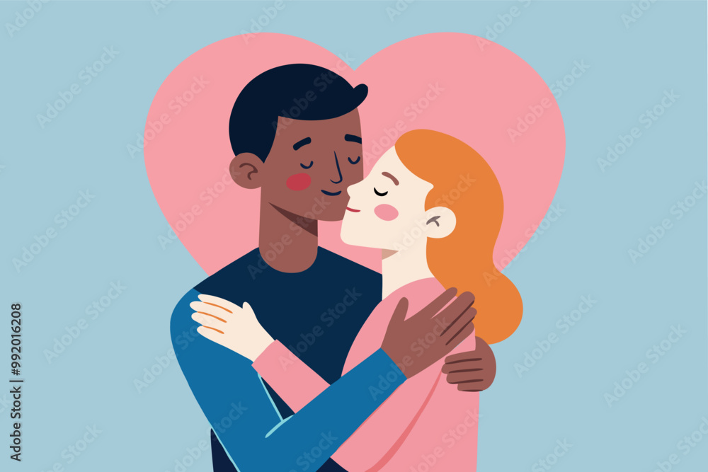 Interracial couple expressing their affection towards each other through tender kiss. Vector flat illustration Interracial couple expressing their affection towards each other through tender kiss. Vector flat illustration