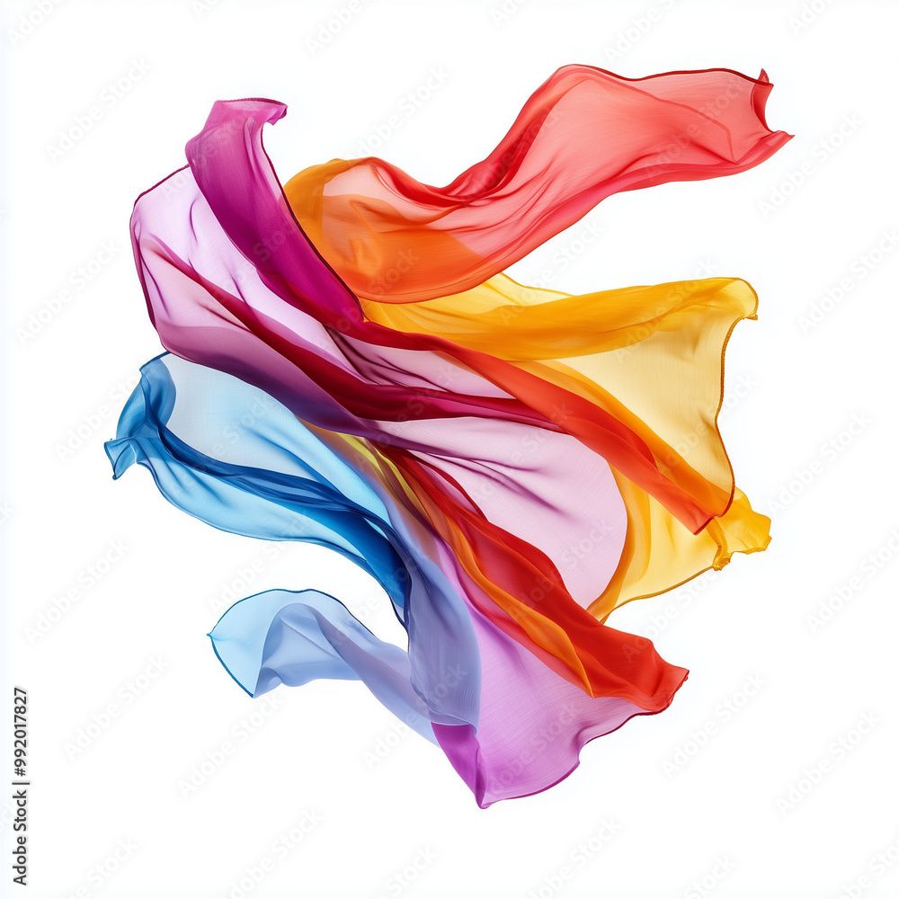 Multi colored silk fabric floating in the wind isolated on white background Multi colored silk fabric floating in the wind isolated on white background