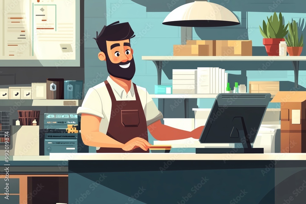 Friendly barista serving customers at a cozy coffee shop during the morning rush hours Friendly barista serving customers at a cozy coffee shop during the morning rush hours