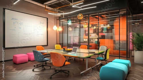 Creative startup conference room featuring colorful accents, modular furniture, and writable glass walls for brainstorming sessions.