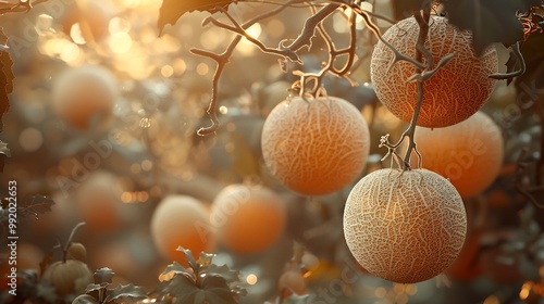 Whole cantaloupes hanging tree branches surreal orchard vines intertwined a soft golden light filtering through the leaves blending reality with fantasy Scientific name Cucumis melo var cantalupensis