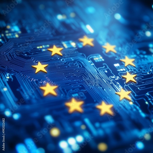 European cybersecurity, sgvo gdpr regulates the observance of european cybersecurity rights in relation to information. european stars placed on digital computer board