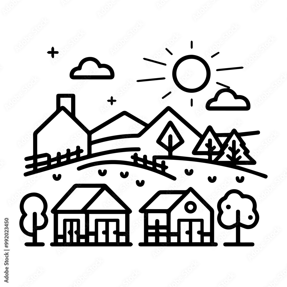 village icon or modern line symbol. Vector line art and icon design with bold outline. Black and white Pixel Perfect minimalistic symbol isolated white background. Silhouette simple thin sign village icon or modern line symbol. Vector line art and icon design with bold outline. Black and white Pixel Perfect minimalistic symbol isolated white background. Silhouette simple thin sign