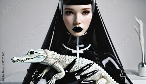 woman in a latex outfit with crocodile  photo