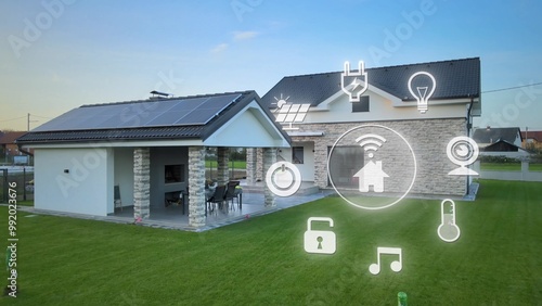 Quadro su tela Smart home system icons in front of modern house with solar panels