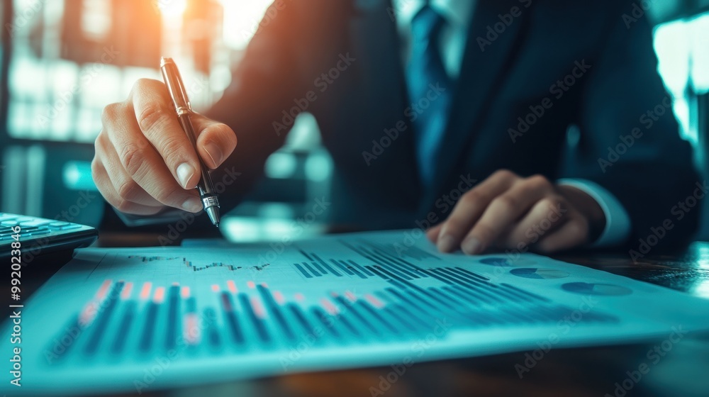 Businessman analyzing financial data with a pen. Businessman analyzing financial data with a pen.
