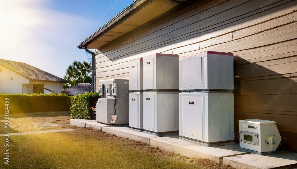Concept of a home battery packs alternative electric energy storage system at modern home garage wall as backup or sustainable energy concepts. Concept of a home battery packs alternative electric energy storage system at modern home garage wall as backup or sustainable energy concepts.